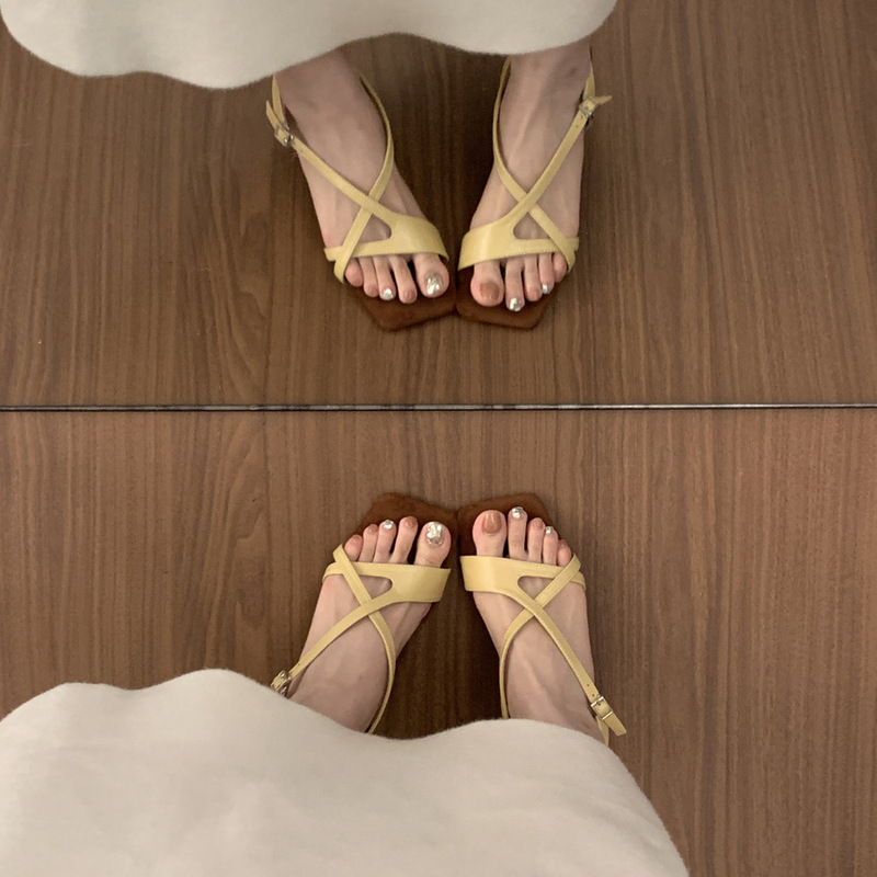 スカート付き、ワンラインバックル、オープントゥスクエアトゥサンダル、女性用夏フレンチスタイルの美しいフェアリースタイルの小さなヒールシューズ|undefined