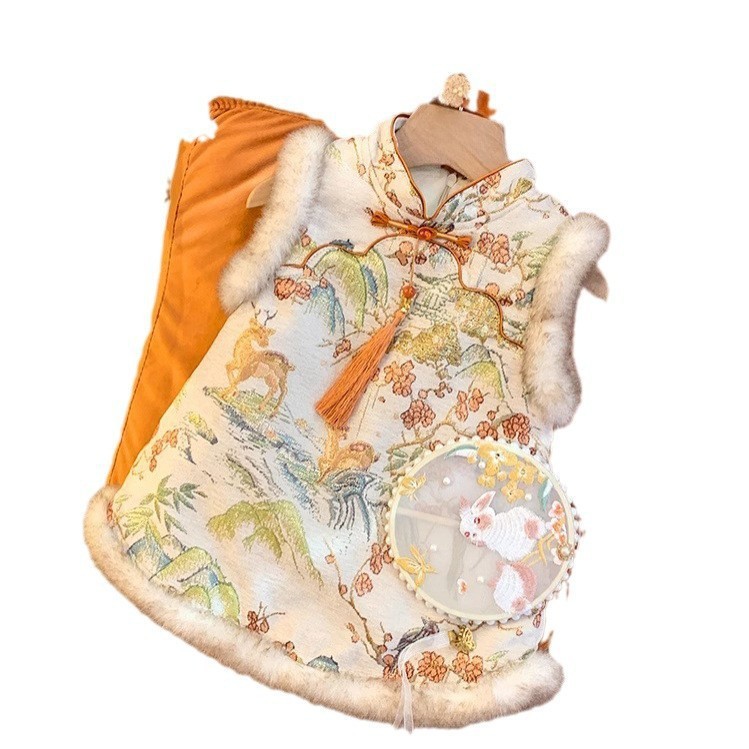 Qi Qiqian siete niñas más chaleco de terciopelo vestido cheongsam vestido 2025 nuevo vestido de aniversario vestido de Año Nuevo bebé