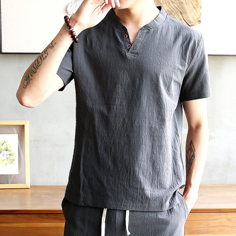 Summer Linen Short-sleeved Ice Silk T-shirt Men's Solid Color V-neck Chinese Style Top Cotton Linen Hanfu Casual Half-sleeved T-shirt Summer Linen Short-sleeved Ice Silk T-shirt Men's Solid Color V-neck Chinese Style Top Cotton Linen Hanfu Casual Half-sleeved T-shirt