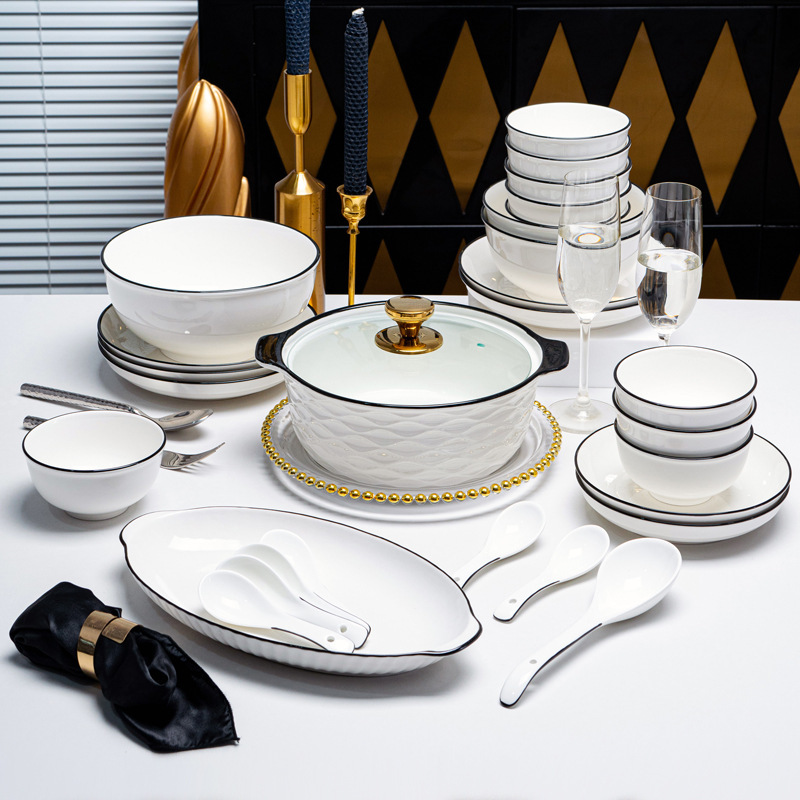 Nordic Simple Household Black Line Ceramic Tableware Rice Bowl Noodle Bowl Soup Bowl Plate Fish Plate Dishes suit DIY Optional