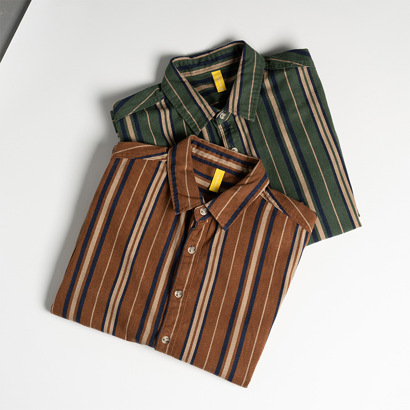 春秋冬条纹翻领长袖衬衫男休闲上衣英伦文艺寸衫短款宽松衬衣143