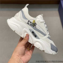 广州货欧洲站百搭新款运动老爹真皮拼接运动鞋网面透气休闲板鞋男