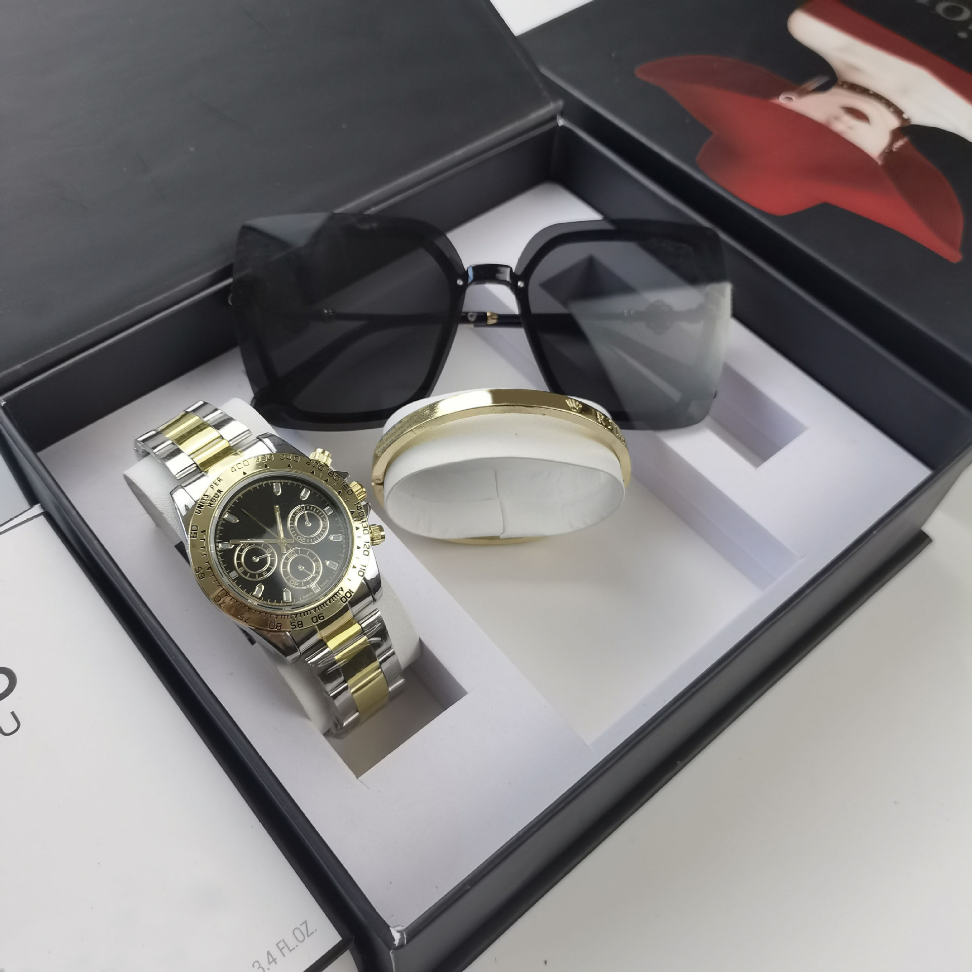 Sunglasses set gold and black three-eyed steel