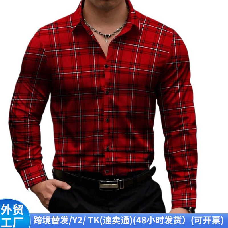 Amazon Pod Digital Printed Plaid Shirt Men's European Size Lapel Long-Sleeved Cardigan Shirt Business Export Men's Clothing Amazon Pod Digital Printed Plaid Shirt Men's European Size Lapel Long-Sleeved Cardigan Shirt Business Export Men's Clothing