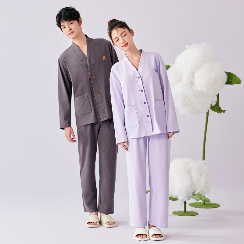 Pajamas Couple Pure Cotton Home Clothes Spring & Fall Women's Long-Sleeved Cardigan with Chest Pad Thin Pure Color Men's and Women's Pajamas Set