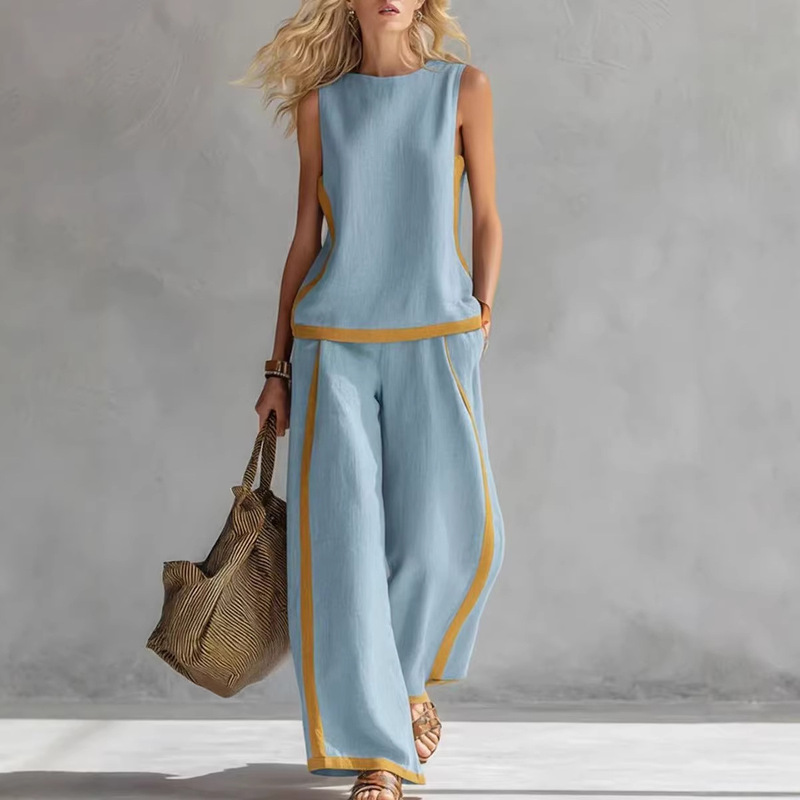 2026 New European and American Style Sleeveless Color-Block Wide-Leg Pants Set for Women, Summer Casual Fashion Two-Piece Set, Trendy Cross-Border Style
