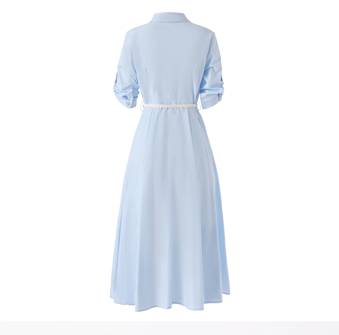 Đầm sơ mi nữ tay dài cổ ve, chất liệu tơ tằm pha cotton, dáng suông thoải mái — xanh lam chi tiết 22