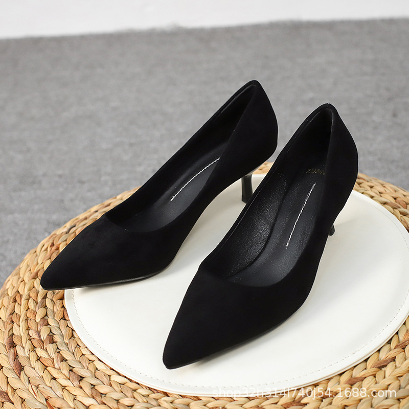 Black high heels women's stiletto heel student graduation 2023 new suede versatile workplace work etiquette interview shoes