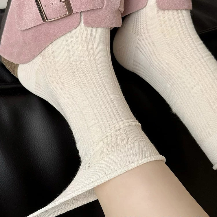 Summer Anti-Pilling Boneless Hollow-Out Retro Socks Women's Mid-Socks Cotton Vertical Strip French Show Simple Stack Socks