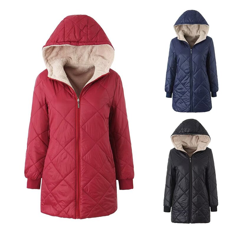New Winter Clothing, Lamb Velvet Glossy Waterproof Geometric Plaid Plaid Hooded Mid-Length Cotton Coat for Women