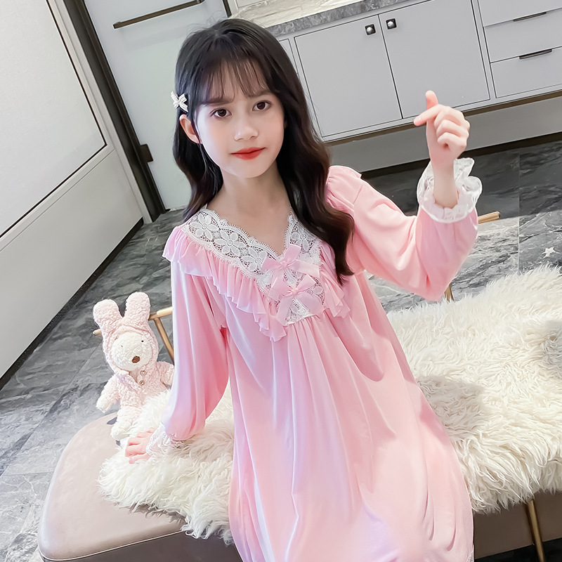 儿童睡裙公主春秋夏季薄款冰丝莫代尔女孩长袖宫廷风宝宝女童睡衣