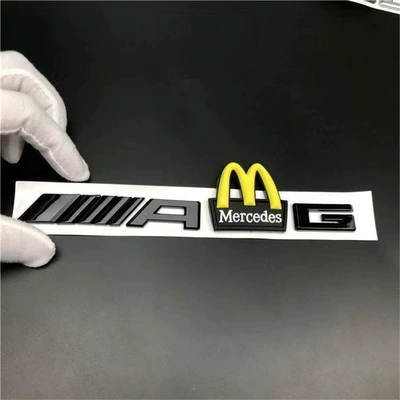 Mercedes-Benz C-Class, E-Class, and S-Class modified with AMG emblems, McDonald's car logos, BMW M logos, and new AMG tail emblems with black lettering (Car logo) - standard-amg