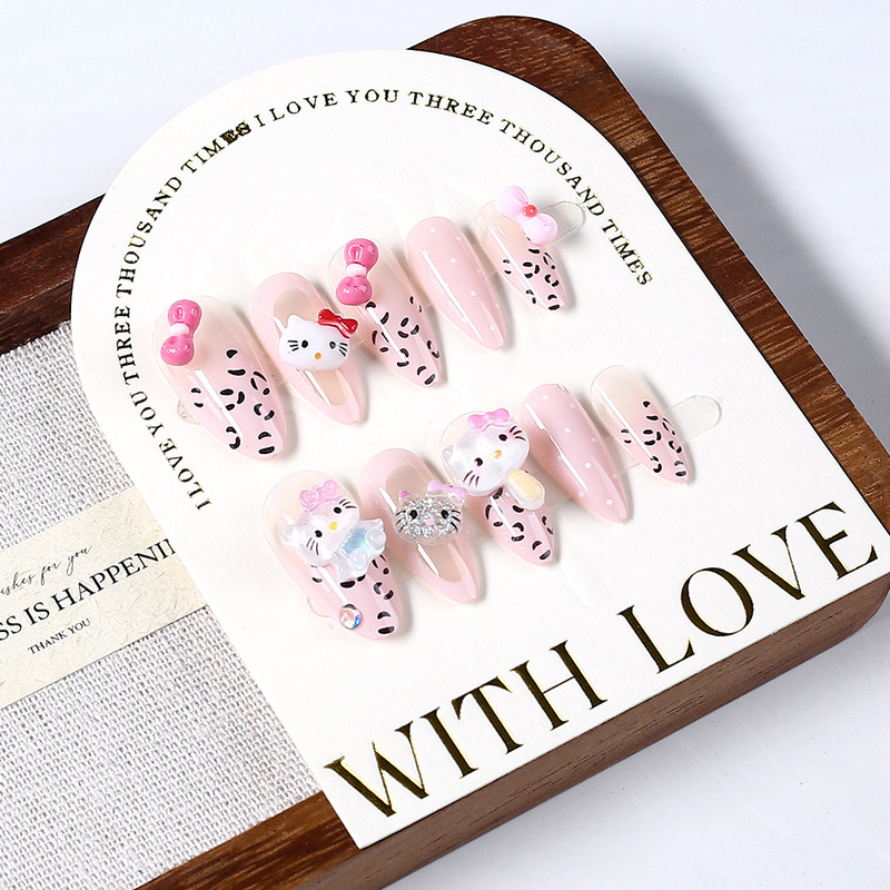 Cross-Border 24-Piece Leopard Print French Water Drop Almond Nail Tips Pink Cute Kt Cat Nail Art Nail Stickers Wearable Nail Tips