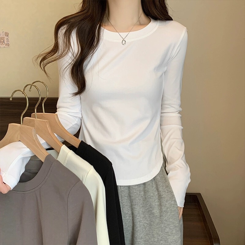 【Fleece-lined/Non-fleece-lined】Women's pure cotton long-sleeve t-shirt, pure and desirable style, spring and autumn version, irregular curved waist-cinching base shirt 【Fleece-lined/Non-fleece-lined】Women's pure cotton long-sleeve t-shirt, pure and desirable style, spring and autumn version, irregular curved waist-cinching base shirt