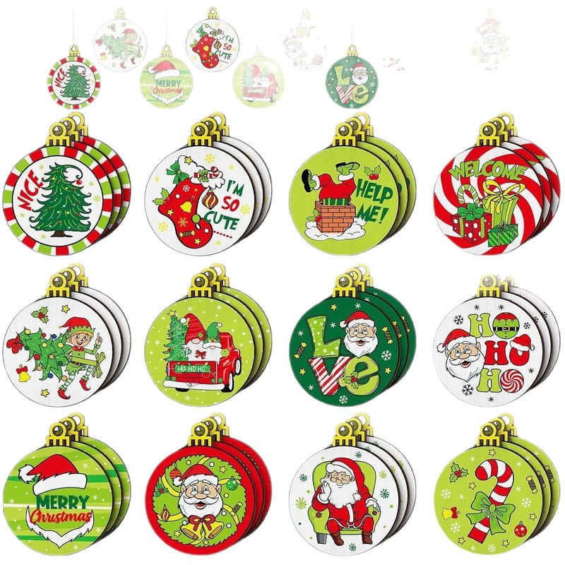 36 個木製ライムグリーンレッドクリスマス木製看板タグファミリーツリーパーティーぶら下げ装飾クリスマスボールスタイル|undefined