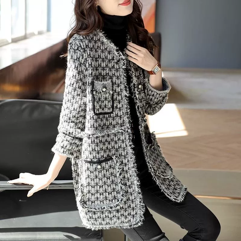 Длинная вязаная куртка, модный кардиган, стиль Chanel, средняя длина, плюс размер
