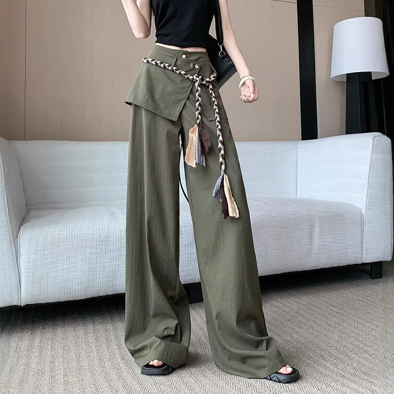 アメリカンスタイルのウエストロープバットカーテン作業服ワイドレッグパンツ女性の夏の新しいホットガールハイウエストルーズスリミングフロアレングスパンツ|undefined