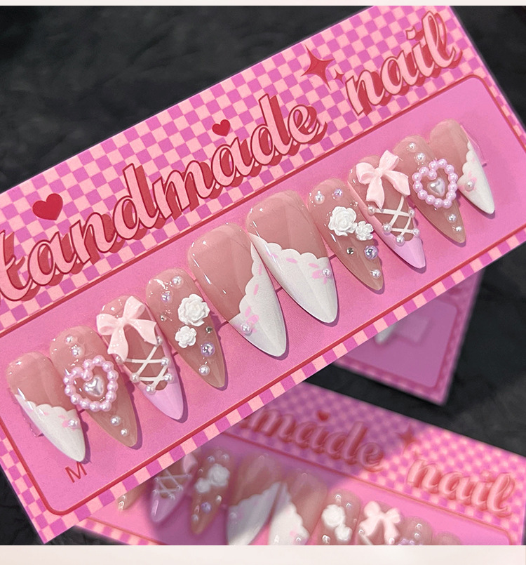 press-on nails Nail Supplies French Style Sweet Flower Bow Knot Plastic Press-on Nails 1 Set