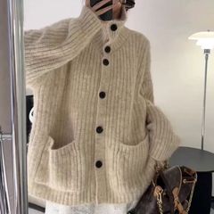 韩系穿搭慵懒风翻领毛衣秋冬女装高级感宽松软糯针织开衫上衣外套