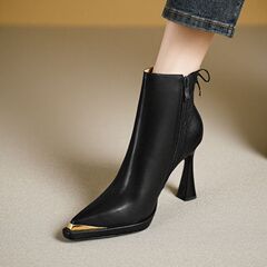 复古尖头细跟高跟短靴女2025秋季新款系带防水台时装靴洋气及踝靴