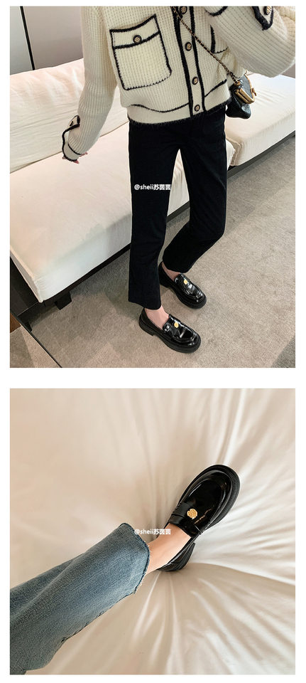 Giày lười nữ đế dày mũi tròn gắn khóa đồng xu nhỏ, giày da đơn gót thô 3–5 cm — Màu đen (lót nhung), Màu đen (trong da) chi tiết 18
