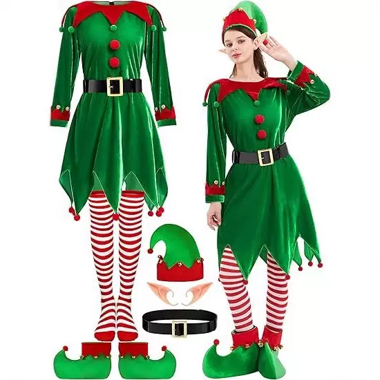 新女士圣诞精灵服装天鹅绒连衣裙套装圣诞老人助手服装角色扮演者
