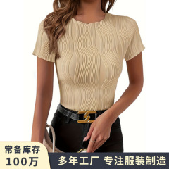 2025年夏季新款纯色OL气质拼贴套头圆领修身型女式T恤厂家批发