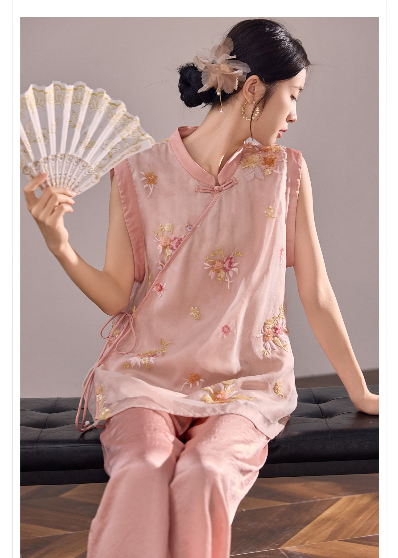 Áo vest lụa tằm thêu hoa phong cách Trung Quốc mới, thiết kế mỏng mùa hè M4007B — màu hồng chi tiết 2