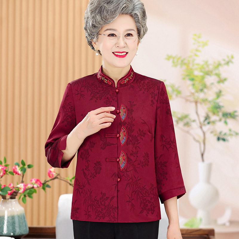 奶奶秋装中袖衬衫洋气60岁70老人太太国风上衣中老年妈妈秋衣服|undefined