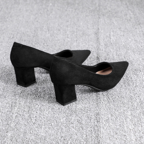 Civil servant interview black high-heeled shoes for women with pointed toes and long-term standing at work, thick-heeled suede etiquette shoes for work