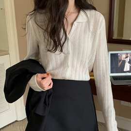 镂空娃娃领100羊毛针织开衫女秋冬新款宽松针织毛衣外套设计感
