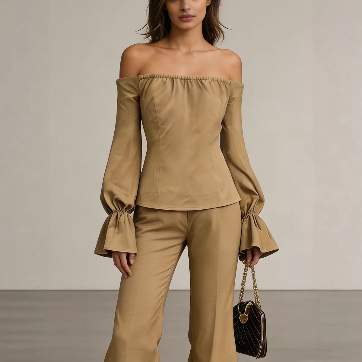 Elegant Off-Shoulder Puff Sleeve Women's Top with Wide Leg Pants Two-Piece Set European And American Style Fashionable Clothing for Women_ecoleips.com