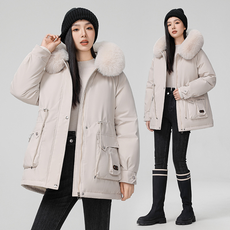 Paquete de mujeres de invierno nuevo estilo coreano de cintura delgada con capuzas cuello de pelo más chaqueta de algodón mediano largo image 1