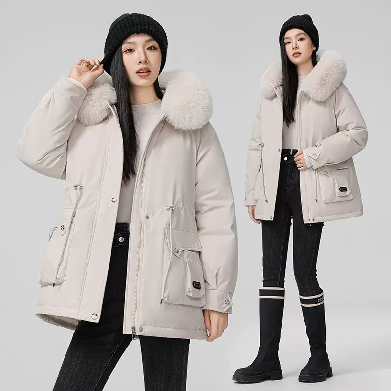 派克服女冬季新款韩版收腰显瘦连帽大毛领加绒棉服中长款夹克棉衣