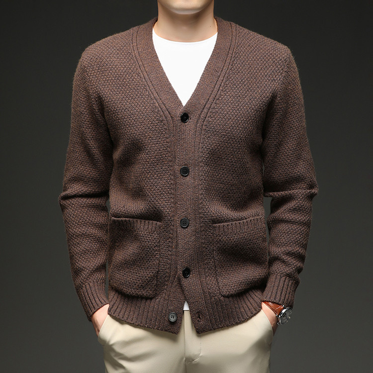 Spring and Autumn New Men's Solid Color V-Neck Cardigan Sweater, Plus Size Men's Thick Casual Lazy Sweater