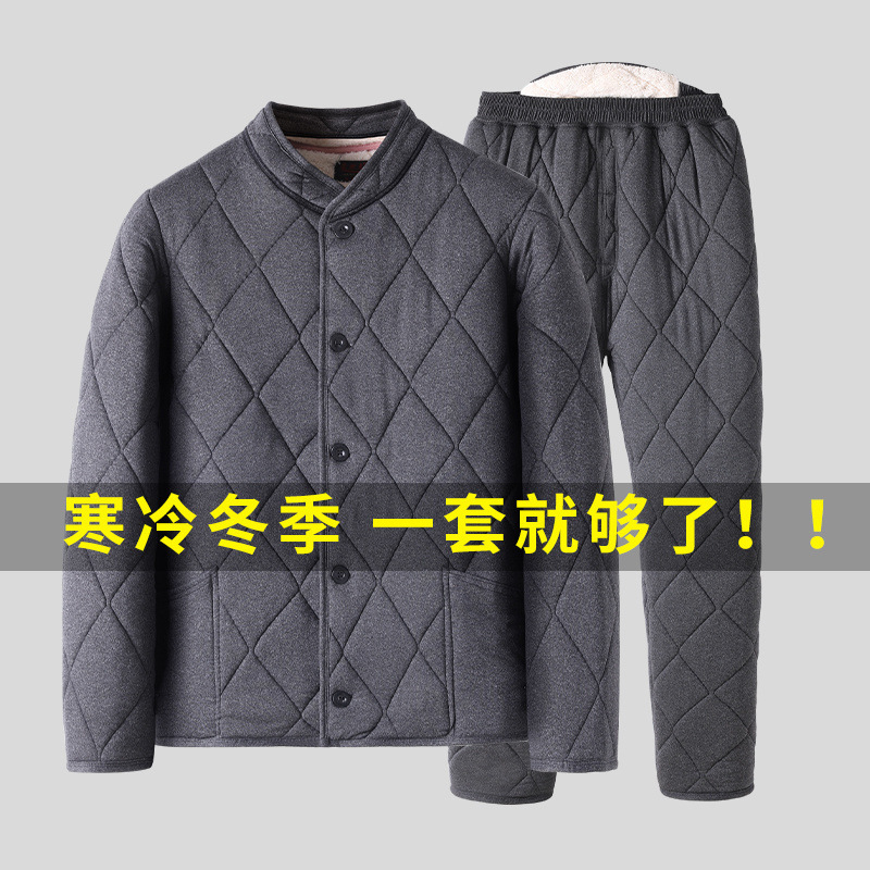 새로운 중년 및 노인 남성용 면화 패딩 재킷 겨울 입기 아빠를위한 두꺼운 면화 패딩 재킷 기모 따뜻한 할아버지 면화 패딩 세트