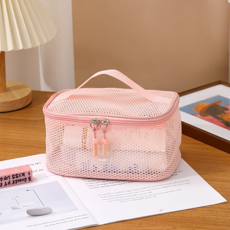 Bolsa de cosméticos estilo ins, bolsa de almacenamiento de zona de cosméticos de malla portátil portátil de gran capacidad