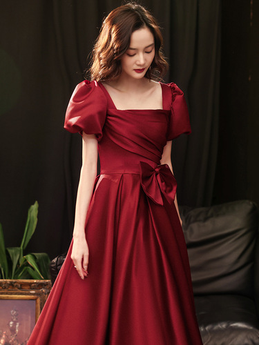 Women Toast Evening dress the bride marriage engagement wine red satin cloth dress to restore ancient ways the little princess host singers photos shooting cosplay skirts