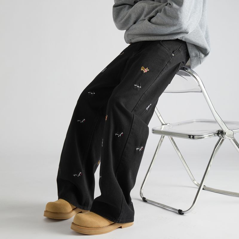 Diversión americana cachorro bordado jeans hombre verano 2026 nuevo pantalones de piernas largas de cintura alta recta