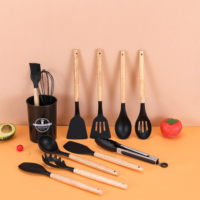 Utensilios de cocina de silicona de sartén antiadherente, espátula de pala de silicona, juego de utensilios de cocina de mango de madera de 12 piezas transfronterizo, precio de fábrica al por mayor