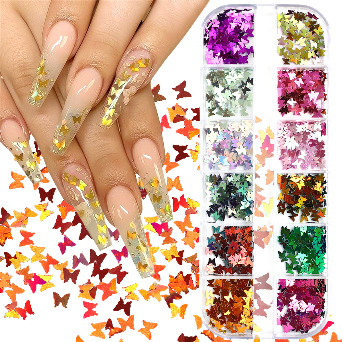 Transfronterizo nuevo manicuría sequinilla ins12 color caja de color láser decolor mariposa fantasía sequinilla joyería de uñas