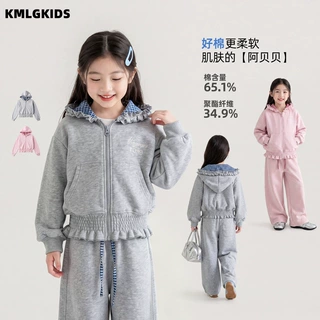 工厂批发儿童连帽外套春秋女童休闲拉链带帽卫衣花边系短开衫上衣