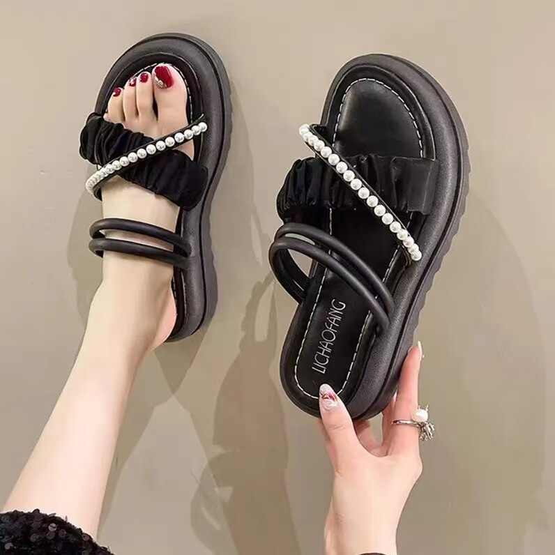 in stock Quick Hair Double Strap Sandals and Slippers Summer Wear Instagram Fashion 2024 New Fashion Pearl Fairy Style Dress