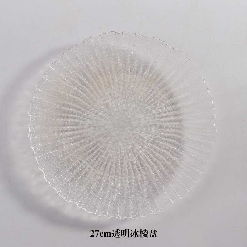 Bandeja de vidrio transparente de estilo insi, bandeja de frutas de borde de hielo, bandeja de postre de la Sala de estar doméstica, bandeja de frutas secas