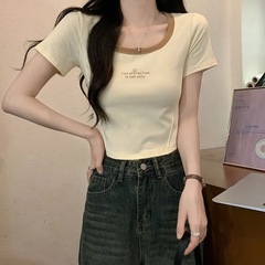 スレッドショルダースクエアカラー半袖Tシャツ女性用インカラーブロックピュアディザイアホットガールスリム痩身鎖骨ショートフィッシュボーントップ