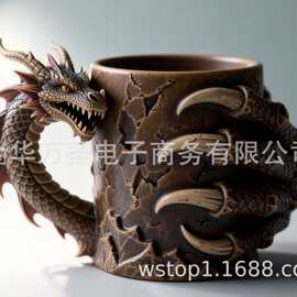 跨境暗黑奇幻龙形杯 魔龙爪纹立体裂纹肌理桌面马克杯