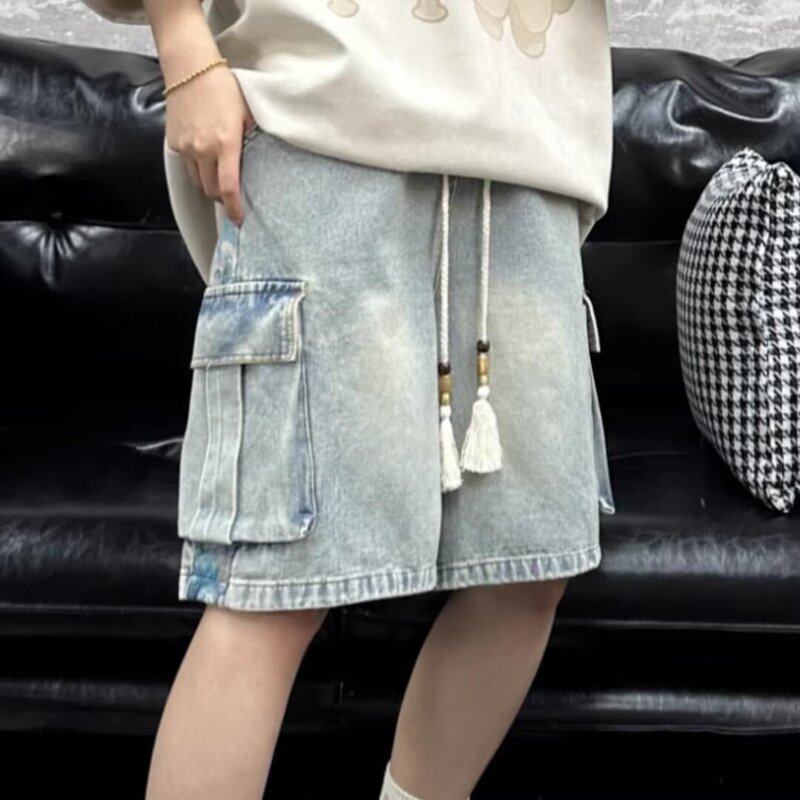 New Chinese Style Workwear Denim Shorts for Men, Summer Outer Wear Wide-Leg Half Pants, Trendy Casual Four-Fifth Pants