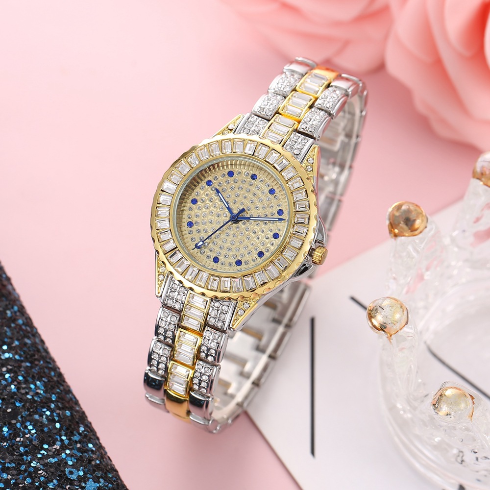 Foreign Trade New Fashion Diamond-encrusted Contrasting Pointer Steel Band Watch Elegant Fully Automatic Non-mechanical Hip-hop Same Watch