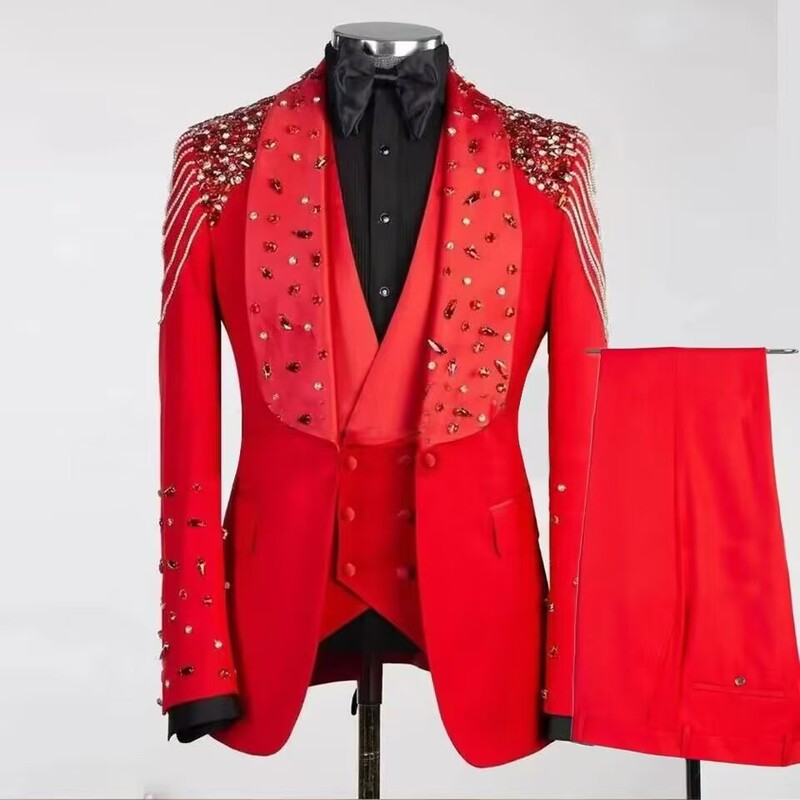 African Cross Border Men's Wedding Dress Tuxedo New Modern Crystal Suit Round Neck Single Breasted Shiny Diamond