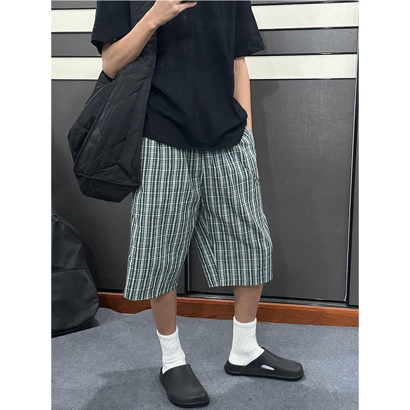 Summer Beach Vacation Casual Plaid Shorts Men's Trendy Loose Versatile Lazy Style Couple Straight Cropped Pants